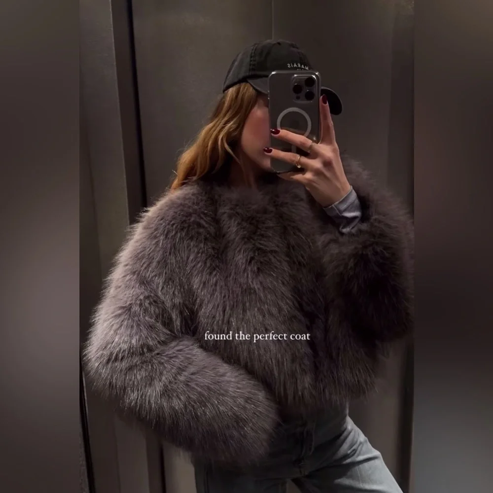 NEW - Zara Gray Short Fur Coat Size Small - Picture 6 of 8